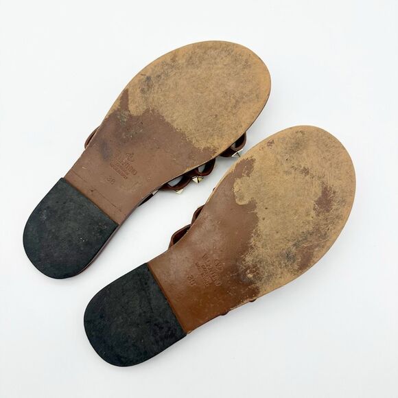 VALENTINO Rockstud Flair Cage Brown Leather Sandal Size 38 Flip Flop Studded - Picture 10 of 12